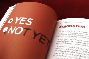Photo of an open book with "yes" and "not yet" as options on the left, and text titled "Negotiation" on the right.