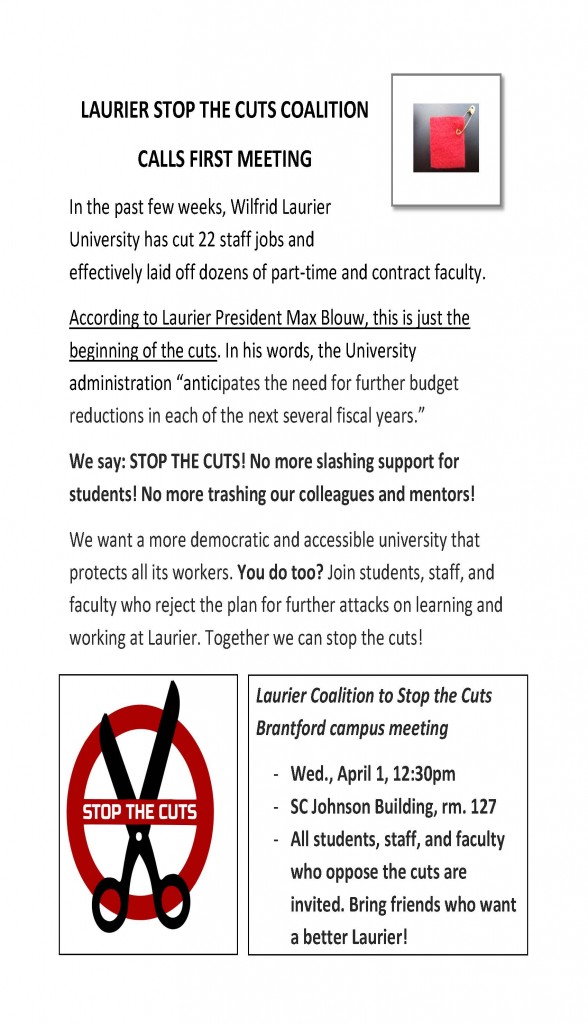 LAURIER STOP THE CUTS COALITION -- Meeting April 1