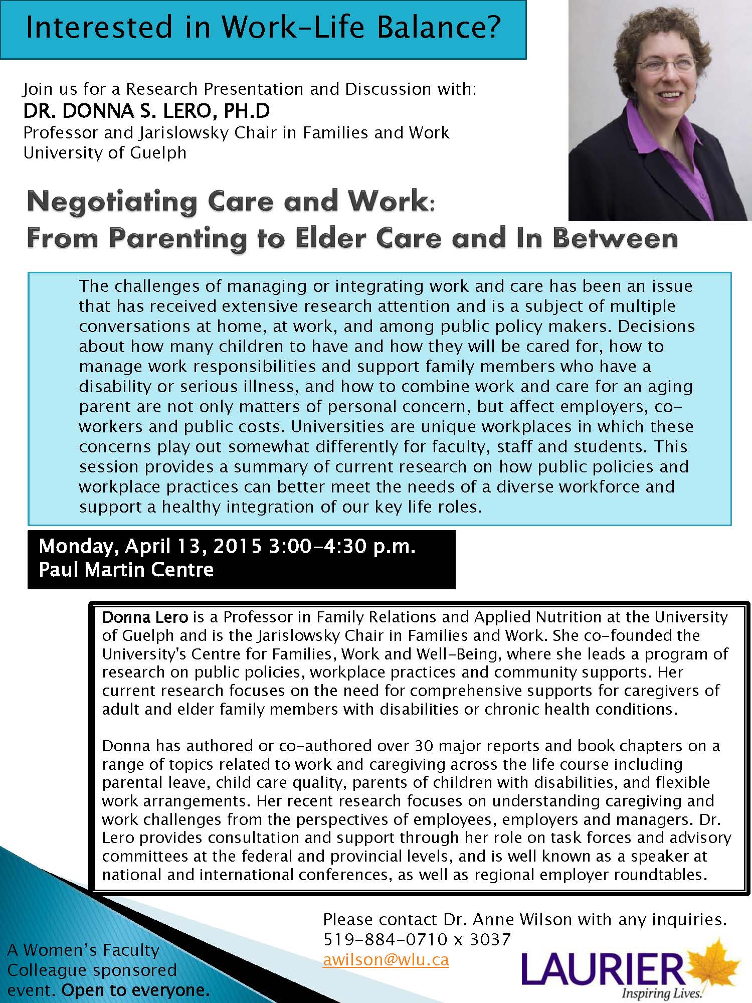 Colloquium Invitation: Dr. Donna Lero Discusses Work Life Balance– April 13, 3 pm