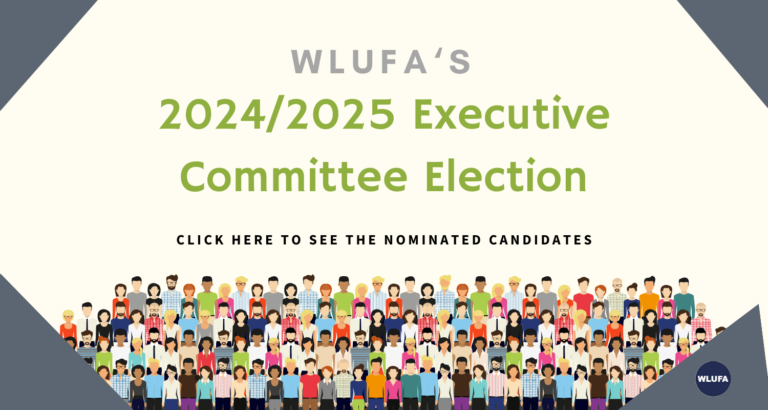 Graphic poster. WLUFA's 2024/2025 Executive Committee Election. Click here to for the nominated candidates