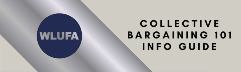 Rectangular banner graphic - WLUFA circle logo - Collective Bargaining 101 Info Guide