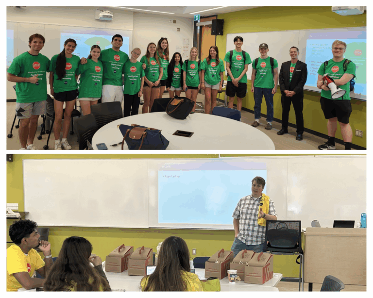 Photo collage with two photos. One of a line of students in a classroom wearing green WLUFA Contract Faculty solidarity shirts and one of Ryan Ladner talking to a classroom with a yellow shirt over his shoulder