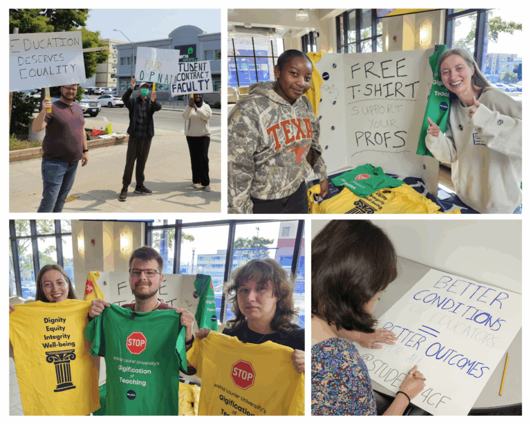 A photo collage with 4 photos showing students wearing WLUFA yellow and green support shirts, making picket signs and picketing with the signs